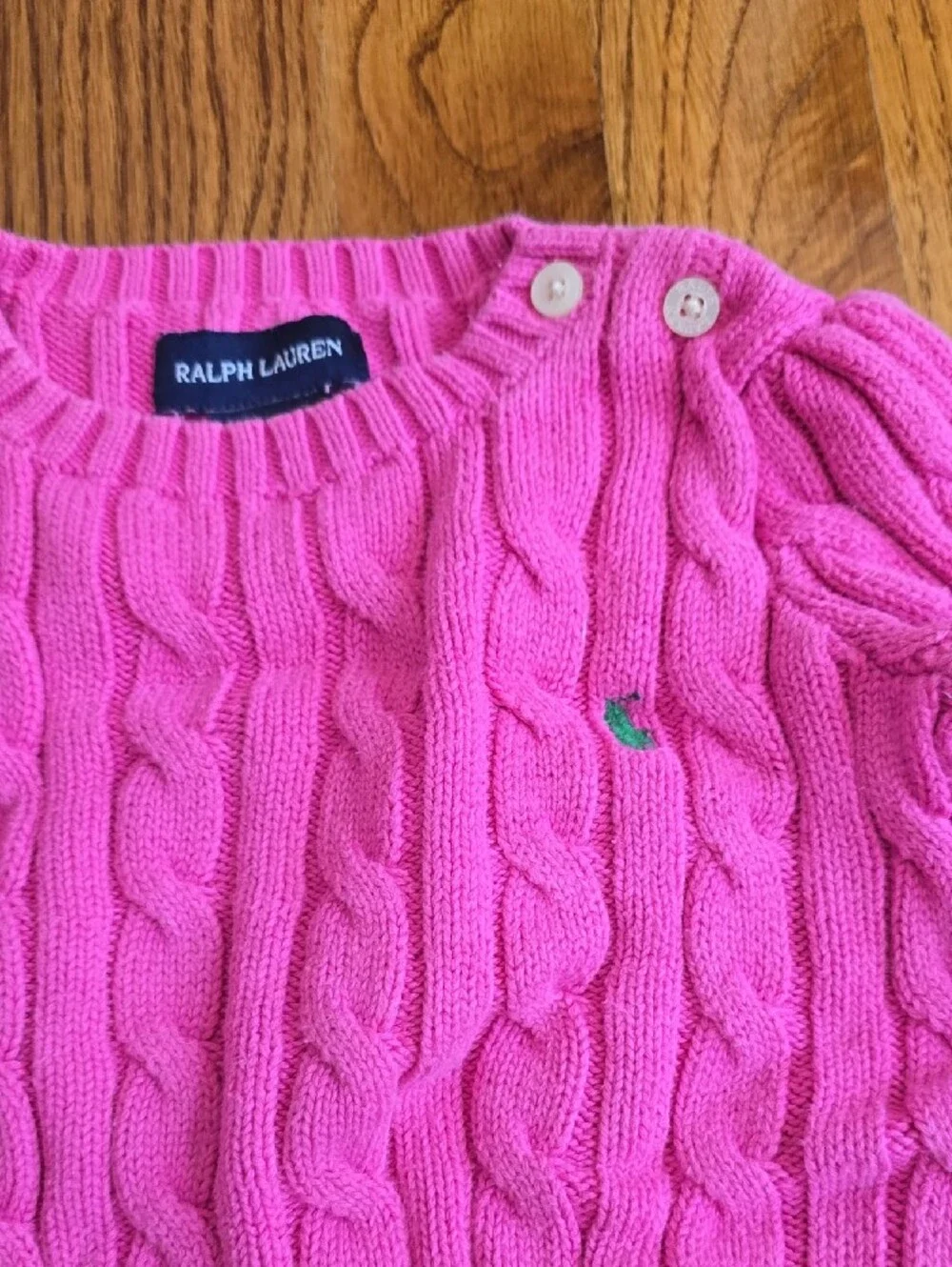 Ralph Lauren Bright Pink Cable Knit Crewneck Sweater with Shoulder Buttons